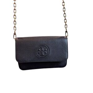 TORY BURCH classic black pebble leather crossbody bag with gold chain strap EUC